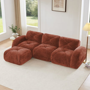 English Elm L-shaped Velvet Sectional Sofa Tufted Modular Seating with Ottoman for Living Room Red+Brown W714S01608
