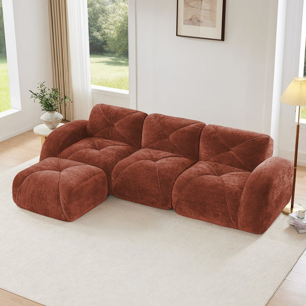 English Elm L-shaped Velvet Sectional Sofa Tufted Modular Seating with Ottoman for Living Room Red+Brown W714S01608