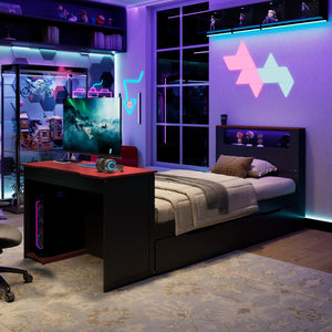 English Elm Twin Wood Gaming Daybed with Trundle Built-in Desk Rgb Lighting and Usb Port Black+Red LT000283AAR