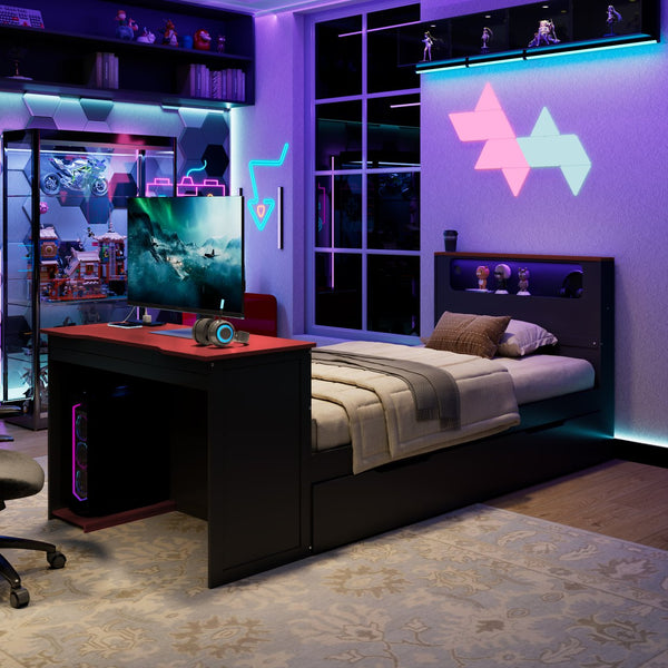 English Elm Twin Wood Gaming Daybed with Trundle Built-in Desk Rgb Lighting and Usb Port Black+Red LT000283AAR