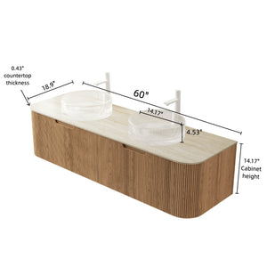 English Elm Dina 60 Inch Floating Bathroom Vanity Sintered Stone Top Dual Glass Basins Wood Grain Beige,Natural Wood,Transparent W2615S00353