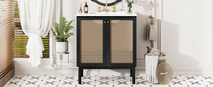 English Elm 30-inch bathroom vanity with handwoven rattan doors, ceramic sink, soft-close hinges, black bamboo elegance N729P285517B