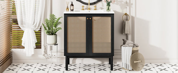 English Elm 30-inch bathroom vanity with handwoven rattan doors, ceramic sink, soft-close hinges, black bamboo elegance N729P285517B