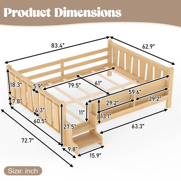 English Elm Queen Bunk Bed with Trundle Solid Pine Kids Car Themed Frame Built-in Bookshelf Light Natural W1580S00538