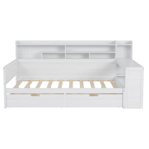 English Elm Wooden Full Size Daybed with Built-In Desk, Side Shelves and Dual Drawers for Organized Living Antique White 70 L x 18.6 W x 5.5 H N733S241486K