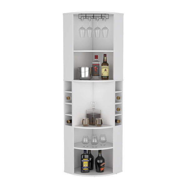 English Elm Oban Corner Bar Cabinet with Five Shelves, Eight Bottle Cubbies and Space-Saving Tall Storage Design White 45 L x 23 W x 4 H B070S00251