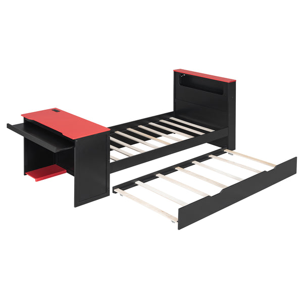 English Elm Twin Wood Gaming Daybed with Trundle Built-in Desk Rgb Lighting and Usb Port Black+Red LT000283AAR