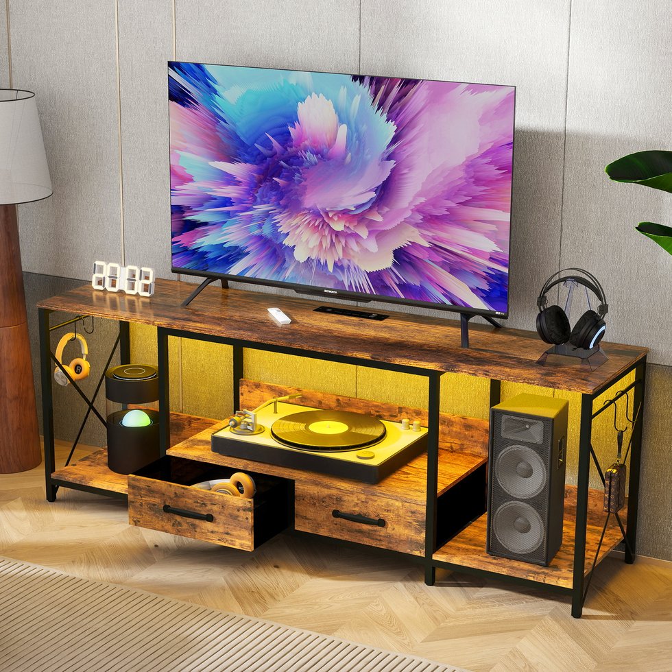 English Elm There TV Stand with LED Lights, Power Outlets & 2 Fabric Drawers for 55-75" TVs, App-Controlled Ambience and Ample Storage Light Brown Multi W2977P224347