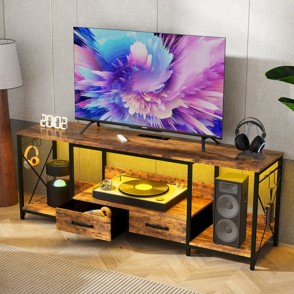 English Elm There TV Stand with LED Lights, Power Outlets & 2 Fabric Drawers for 55-75" TVs, App-Controlled Ambience and Ample Storage Light Brown Multi W2977P224347