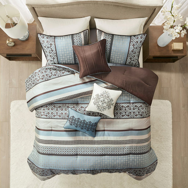 English Elm 7 Piece Comforter Set - Luxurious Blue Cal King Ensemble With Geometric & Damask Prints, Easy Care B03597163