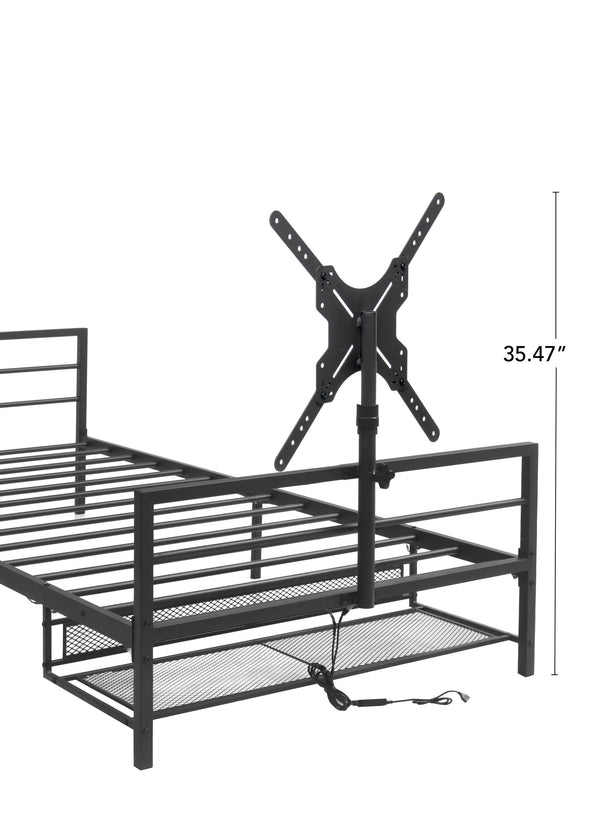 English Elm Twin Gaming Platform Bed Iron Frame with Rotating Tv Mount Led Strips Console Storage W688P237948