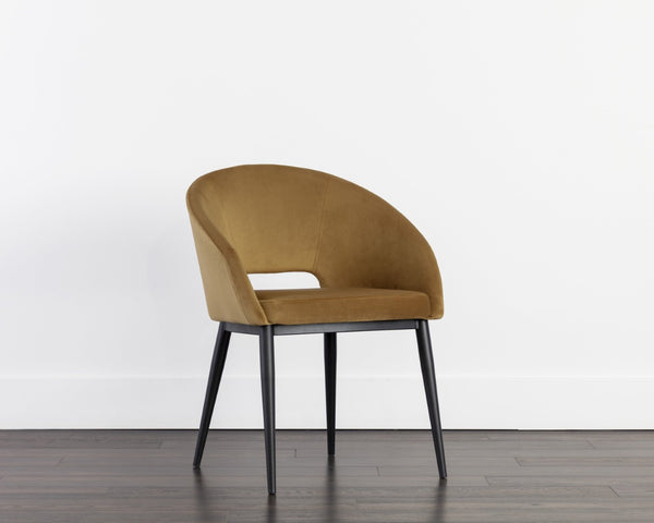 Sunpan THATCHER Dining Armchair - Stylish Black & Gold Sky Upholstered Barrel-Back for Modern Spaces 107978