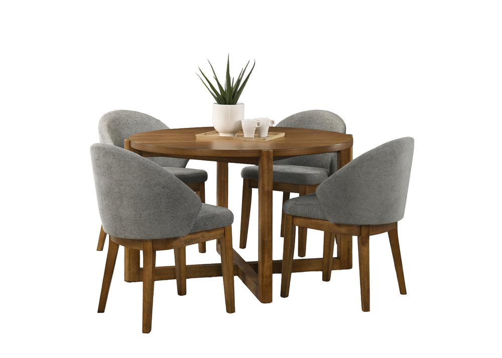 English Elm Andreo Mid-century Round Walnut Dining Set Seats Four with Upholstered Gray Chairs B2749S00362