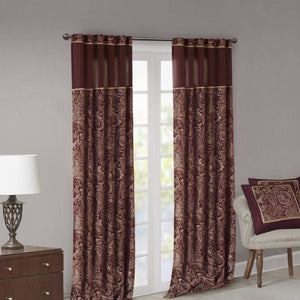 JLA Home Madison Park - Jacquard Aubrey Curtain Panels with Paisley Motif, Faux Silk Piecing, Gold Piping, OEKO‑TEX Certified Elegance Burgundy MP40-2680