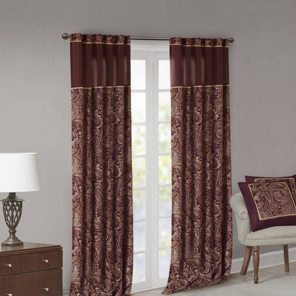JLA Home Madison Park - Jacquard Aubrey Curtain Panels with Paisley Motif, Faux Silk Piecing, Gold Piping, OEKO-TEX Certified Elegance Burgundy MP40-2713