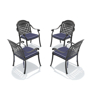 English Elm Cast Aluminum Outdoor Dining Chairs Set of 4 with Carved Relief Frame and Weather Cushions W1710S00510