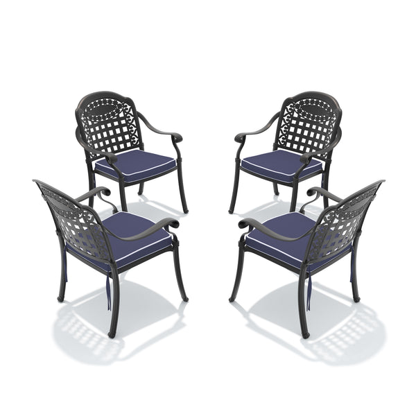 English Elm Cast Aluminum Outdoor Dining Chairs Set of 4 with Carved Relief Frame and Weather Cushions W1710S00510