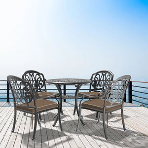 English Elm 5-Piece Elegant Cast Aluminum Patio Furniture Set With Brown Cushions For Outdoor Relaxation & Style W1710S00044