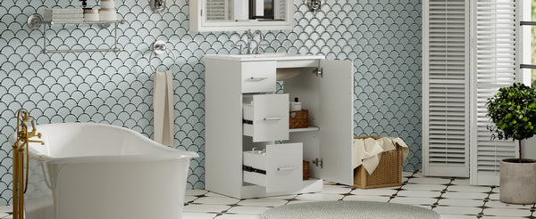 English Elm 24" Modern Bathroom Vanity with Under-Mount Sink, Vertical Stripe Design, 2 Drawers & Soft-Close Cabinet White N710P288936K