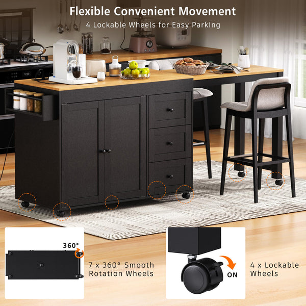 English Elm K&K 43.3" Kitchen Island with 27.6" Extendable Dining Table, Power Outlet, 7 Wheels, Ample Storage Black N707P303401B