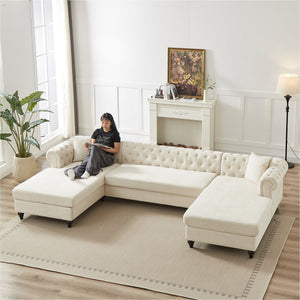English Elm 135.5-inch Modern Chenille U-Shaped Sectional Sofa with Dual Chaise, Pull-Point Detail, Pillows, Wooden Legs Beige W1926S00045