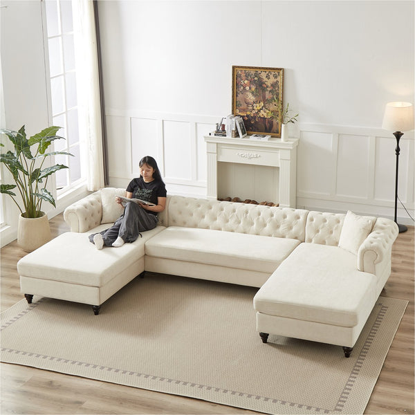 English Elm 135.5-inch Modern Chenille U-Shaped Sectional Sofa with Dual Chaise, Pull-Point Detail, Pillows, Wooden Legs Beige W1926S00045