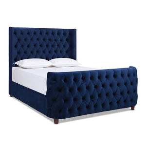 English Elm Brooklyn Queen Tufted Panel Bed Headboard and Footboard Set, Navy Blue Velvet