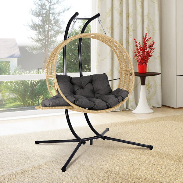 English Elm Double Hanging Egg Chair with Stand — Oversized 2-Person Wicker Rattan Swing, 700lb Capacity, Convertible Recliner W2500P290325
