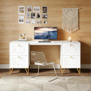 English Elm Stylish White Mdf Computer Desk with Gold Legs Four Drawers for Home Office T3971P449545