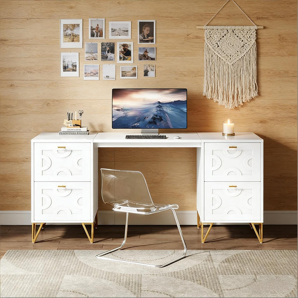 English Elm Stylish White Mdf Computer Desk with Gold Legs Four Drawers for Home Office T3971P449545