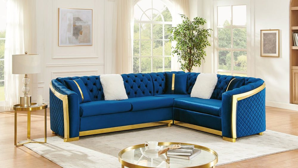 English Elm 106 Inch Velvet Tufted Chesterfield Sectional with Gold Steel Legs for Large Living Rooms Blue W1191S00126