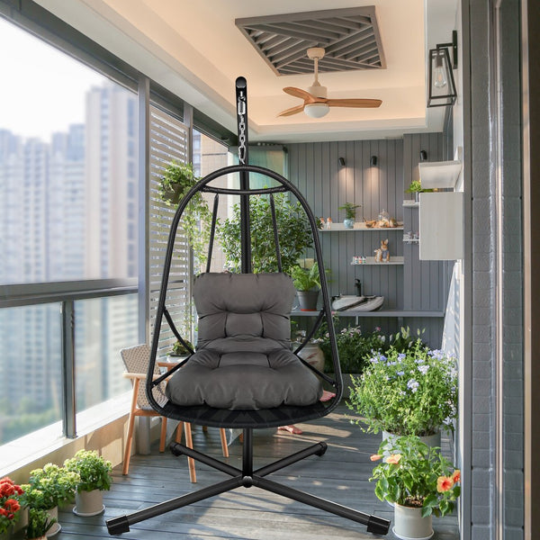 English Elm Swing Egg Chair with Stand - Foldable Rattan Hanging Basket Seat, Cushioned Comfort, Cup Holder Black W2707P388616