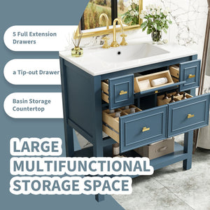 English Elm 30'' Bathroom Vanity with Ceramic Sink, Solid Wood Frame Freestanding Cabinet with 5 Drawers, Gold Knobs and Smooth Slide Rails Blue N710P247488C