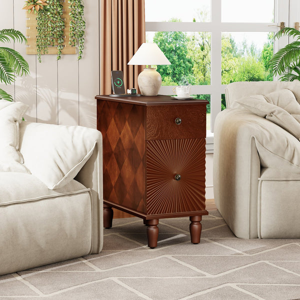 English Elm 2 Drawer Modern Sofa Side Table with Charging Station, Walnut Slim Nightstand with 2 AC/2 USB, 2 Drawers, Fully Assembled W2593P289143