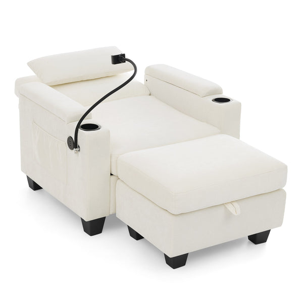 English Elm Single Chenille Manual Recliner with Usb Port Hidden Storage Ottoman and Cup Holders Beige W487P423650