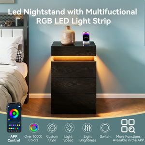 English Elm Nightstand with Rgb Led Lighting and Charging Hub Three Drawer Sleek Modern Bedside Black W5221P421223