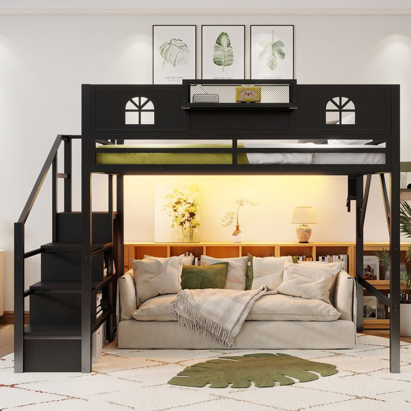 English Elm Metal Queen Loft Bed with L Shaped Desk Wardrobe Led Lighting and Usb for Teens Black W2593S00061