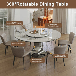 English Elm 59" Round Sintered Stone Dining Table Set With Stylish Black Titanium Base & 6 Padded Chairs For Luxury Dining W2700S00052