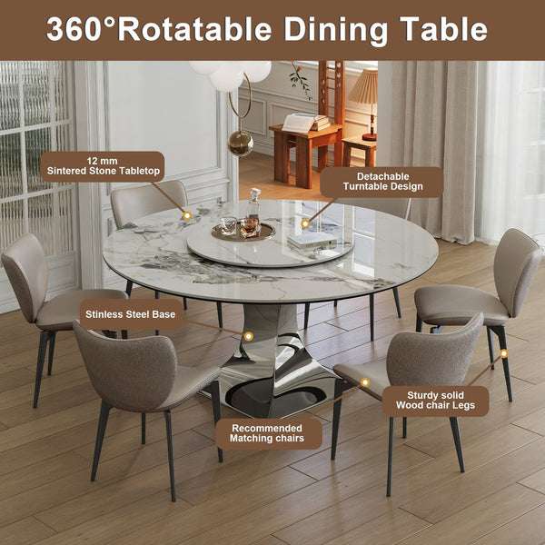 English Elm 59" Round Sintered Stone Dining Table Set With Stylish Black Titanium Base & 6 Padded Chairs For Luxury Dining W2700S00052