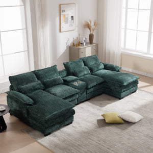 English Elm Modern U-Shaped Sofa With Console, Cupholders & Usb Ports - Stylish 6-Seat Sleeper Couch Set In Green W2100S00167