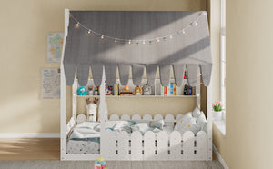 English Elm {slats Are Not Included} Twin Montessori House Floor Bed Kids Tent Lights Shelves Pinewood Frame White N708P407963K