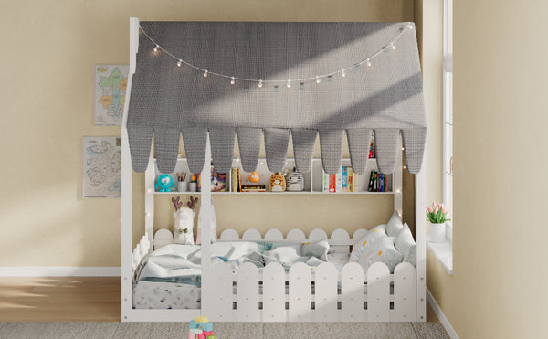English Elm {slats Are Not Included} Twin Montessori House Floor Bed Kids Tent Lights Shelves Pinewood Frame White N708P407963K