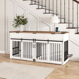 English Elm 71'' Walnut Woodgrain Dog Kennel Cabinet with Fluted Drawers and Built-in Power Station W5216S00001