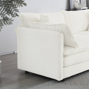 English Elm Mid-century Modern Chenille Sofa with Tapered Wood Legs and Five Accent Pillows W714S00557
