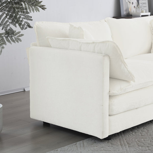 English Elm Mid-century Modern Chenille Sofa with Tapered Wood Legs and Five Accent Pillows W714S00557