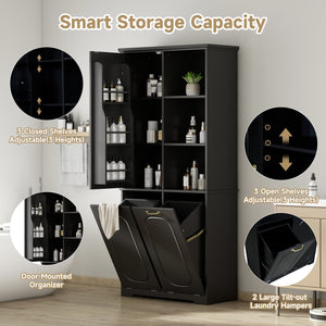 English Elm [video] Freestanding 68 Inch Tall Storage Cabinet with Tilt Out Hampers and Soft Close Door Black N759S427900B