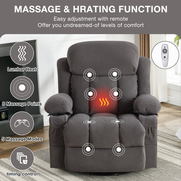 English Elm Swinging Velvet Recliner Chair with Massage Heat Usb Port and 360 Swivel Lounge Seat Grey W1807P298206