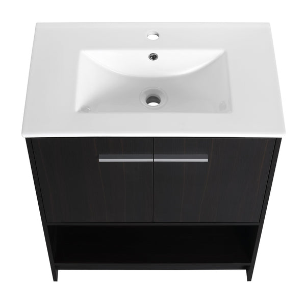 English Elm 30" Freestanding Bathroom Vanity With Soft Closing Doors & Integrated Ceramic Sink For Modern Spaces W1972S00018