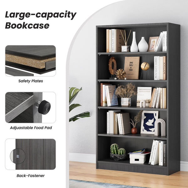 English Elm Grey 5-Shelf Modern Bookcase For Bedroom Or Office - Durable Wood Design, Ample Storage & Easy Assembly T3623P379670
