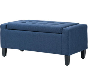 English Elm Upholstered Storage Bench with Lift Top Linen Fabric Seat and Rubberwood Legs T3971P416422